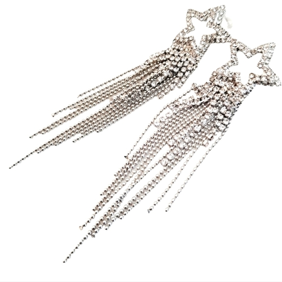 💖 Rhinestone Shooting stars tassel silver Statement formal dangle Earrings new - Picture 6 of 15